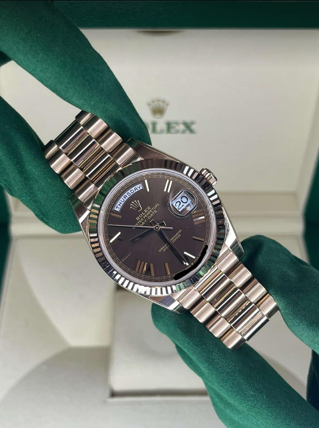 2025 Rolex Day Date Rose Gold Chocolate Dial 228235