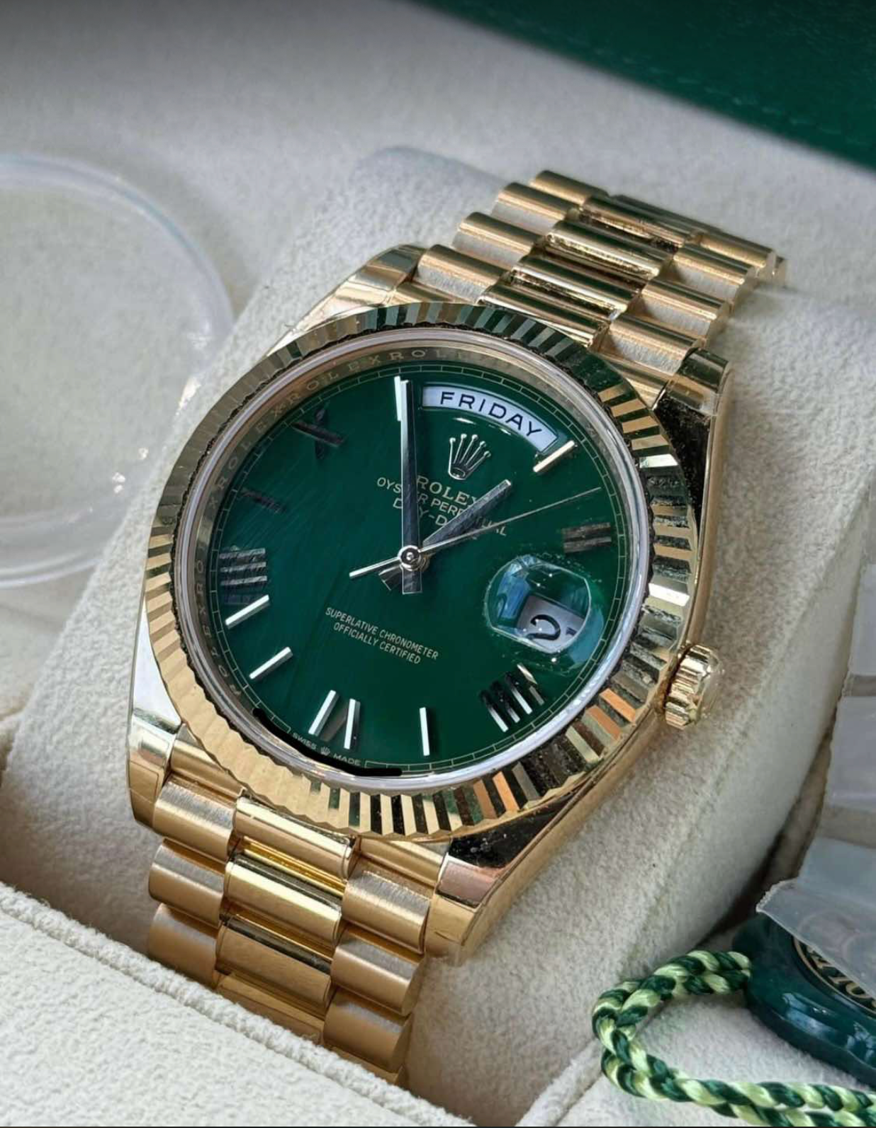 2025 Rolex Day Date Yellow Gold Green Dial 228238
