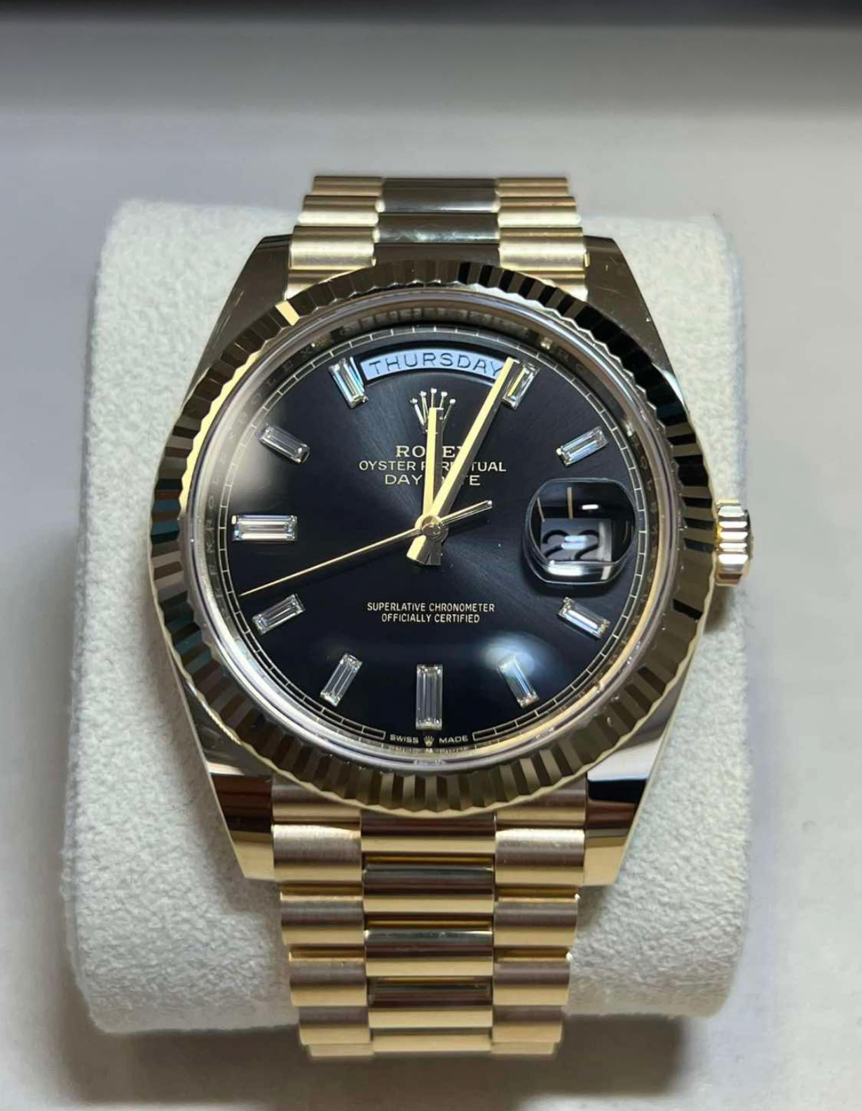 2025 Rolex Day Date Yellow Gold Black Baguette Dial 228238