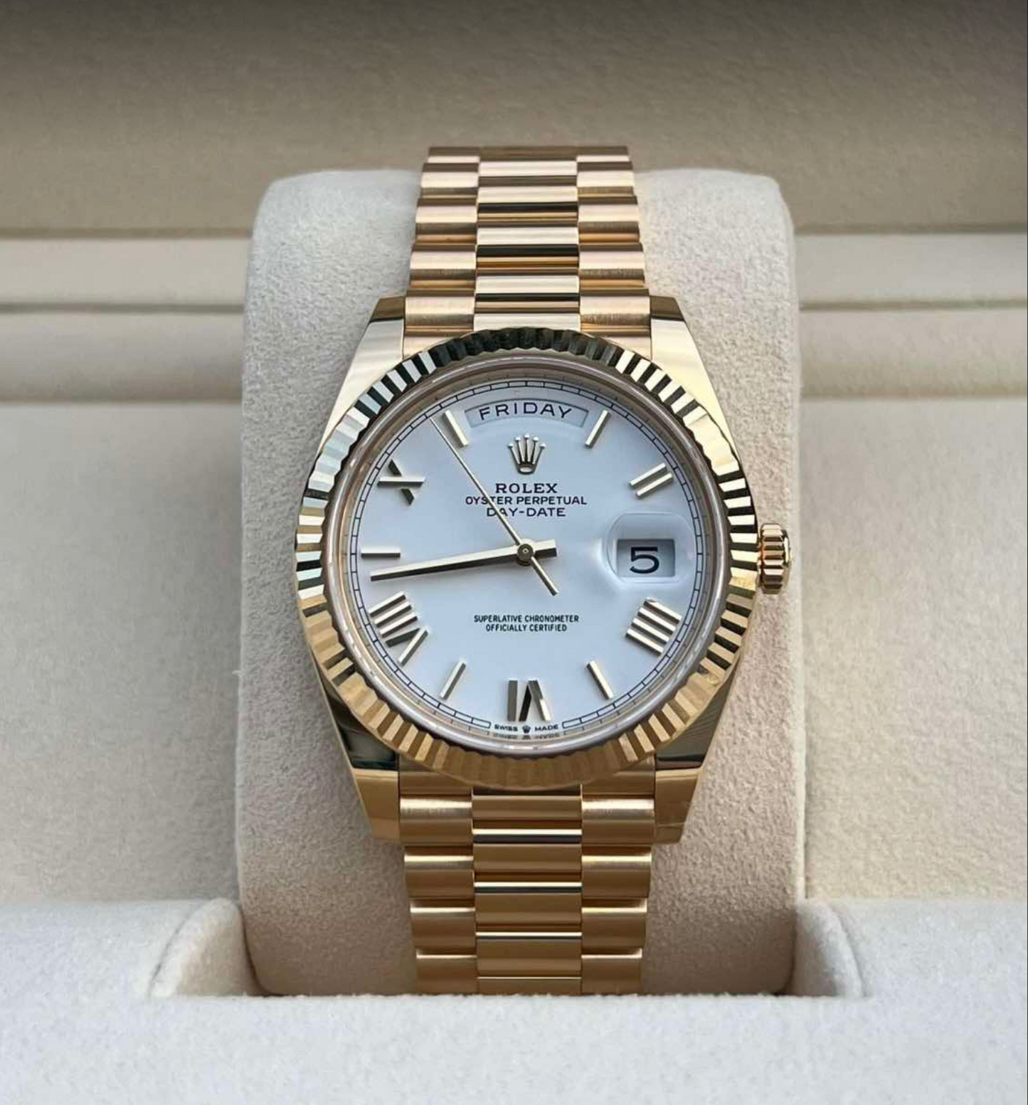 2025 Rolex Day Date Yellow Gold White Dial 228238