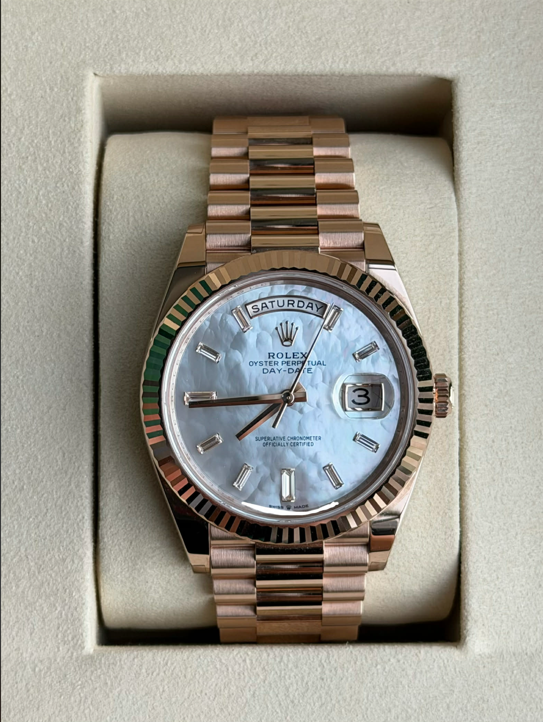 2026 Rolex Day Date Mother Of Pearl Baguette Dial 228235